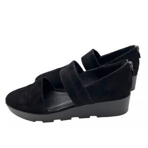 Eileen Fisher Marlow Mary Jane Women's 8 Black Suede Low Wedge Shoe Zip Back